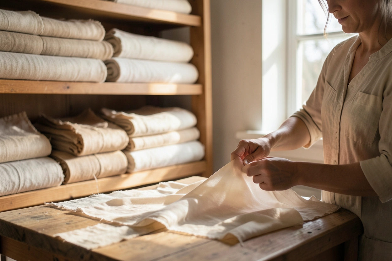Atelier textile, mains pliant un voile de lin