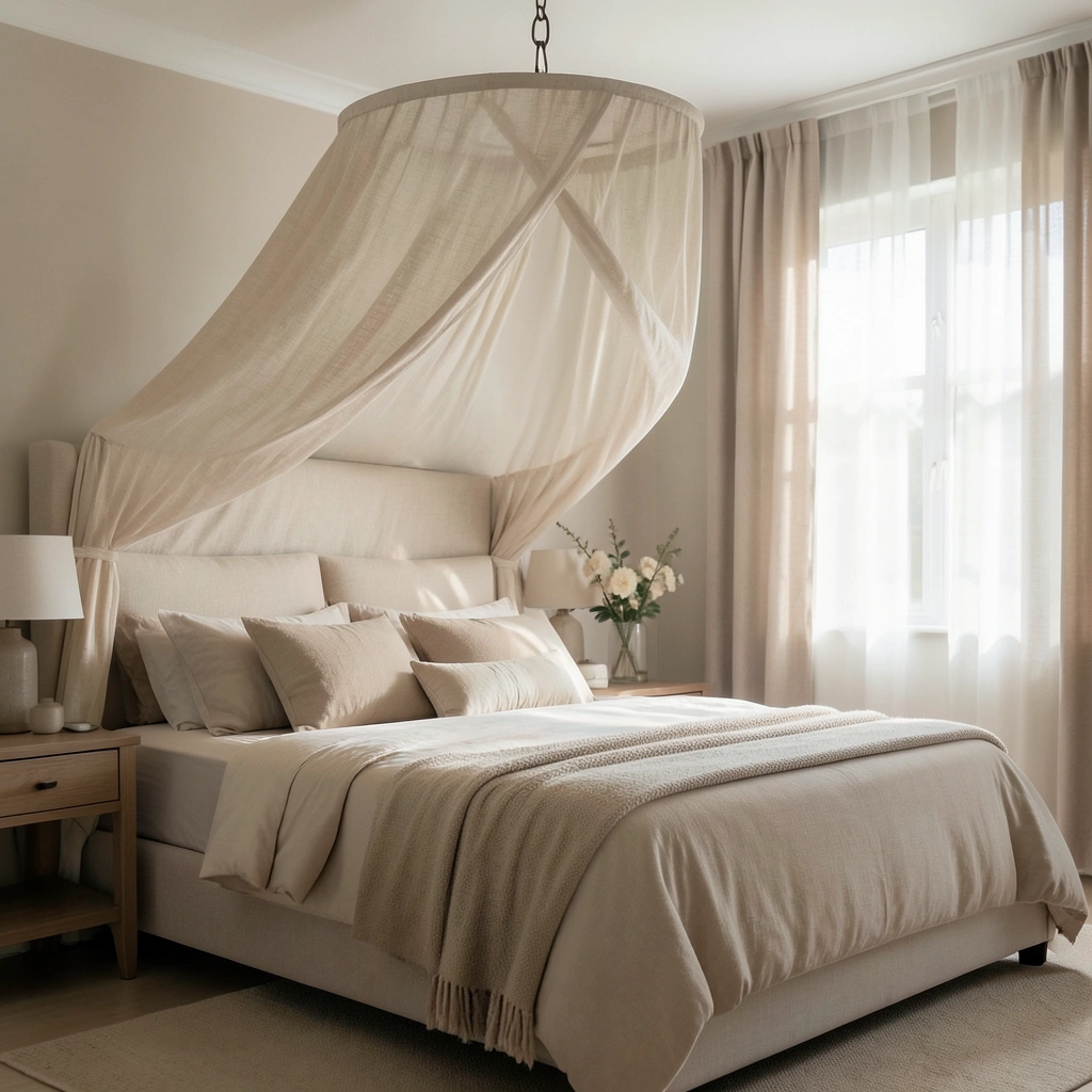 Chambre adulte avec ciel de lit en lin écru