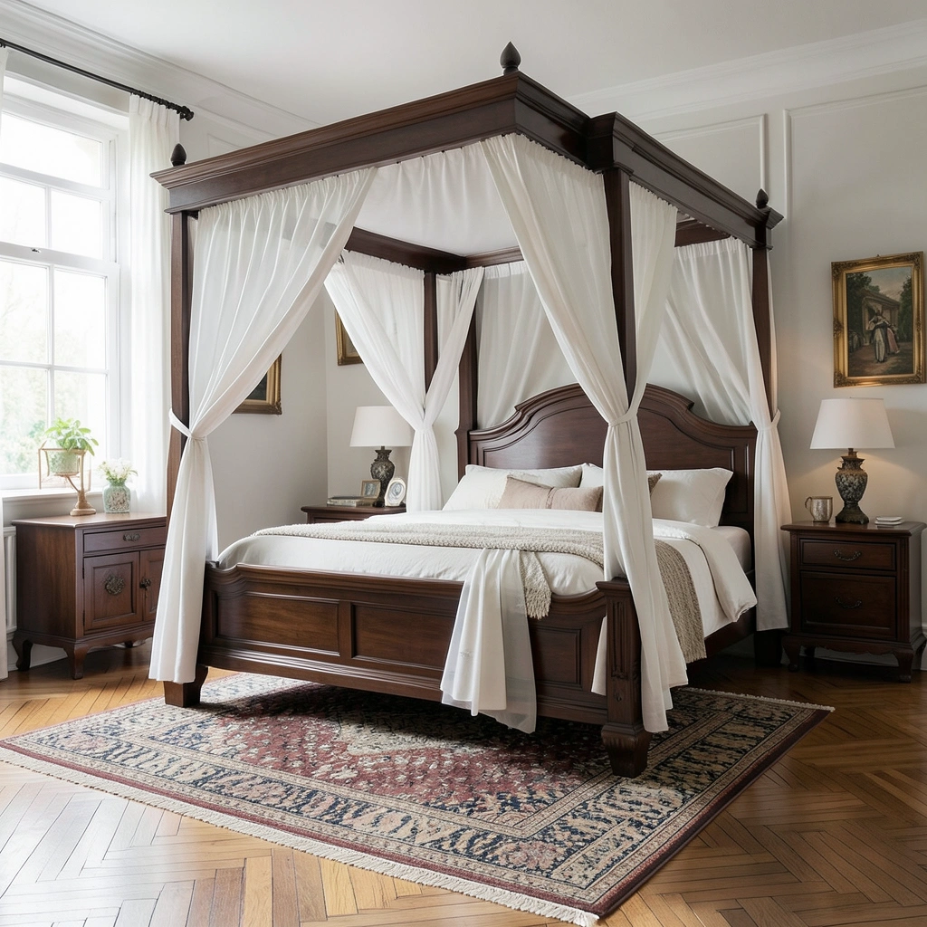 Lit baldaquin quatre colonnes en bois sombre