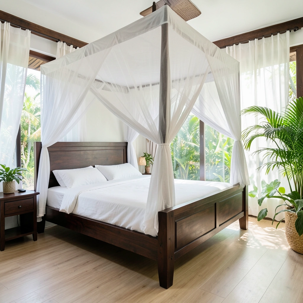 Lit avec moustiquaire blanche dans chambre tropicale