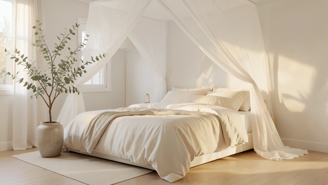 Chambre claire avec ciel de lit en voile blanc translucide