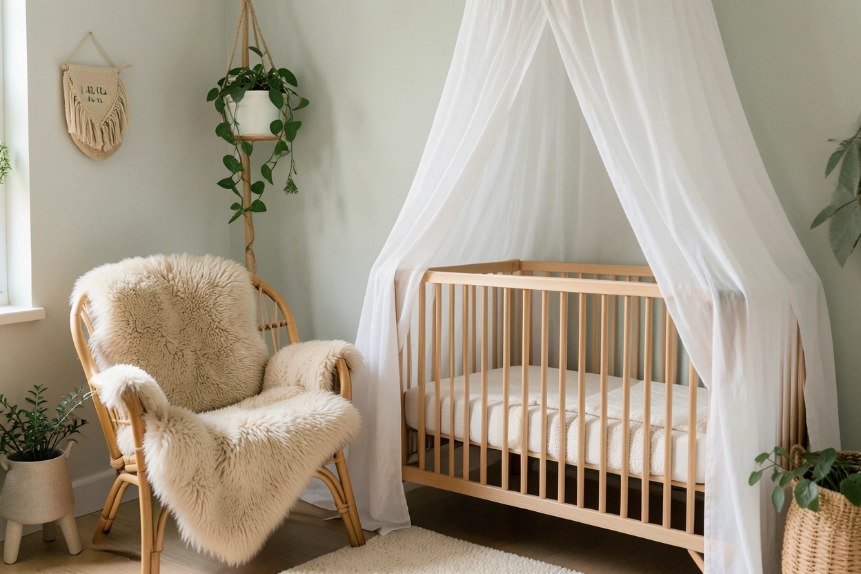 Chambre bébé cocooning, mousseline et rotin