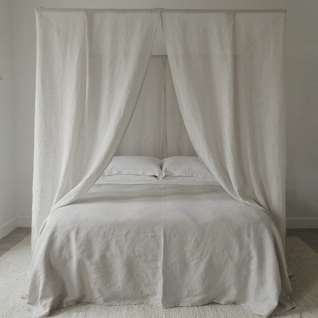 Ciel de lit en satin de coton gris perle au-dessus d'un lit double