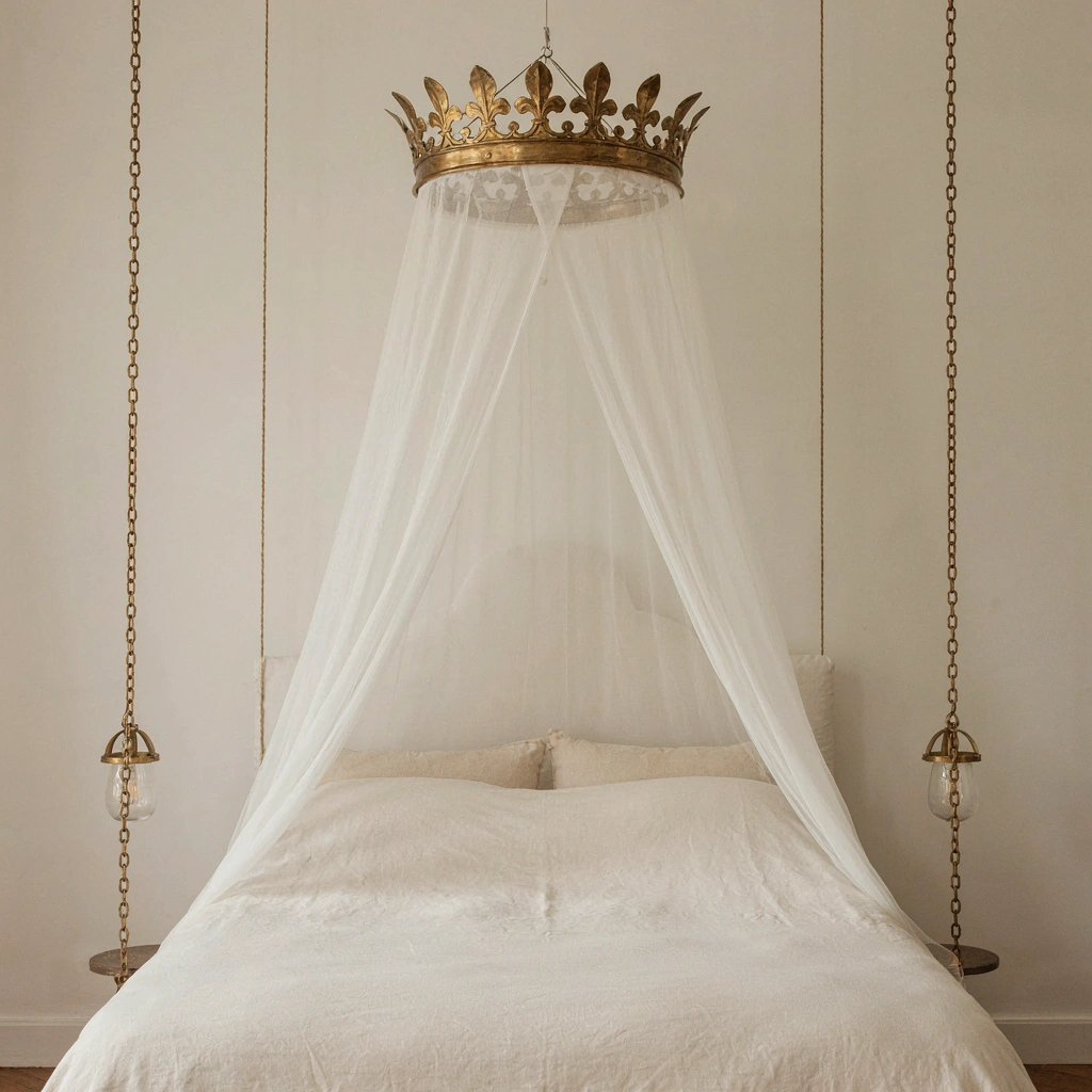 Grande couronne ivoire en voile de coton au-dessus d'un lit king size