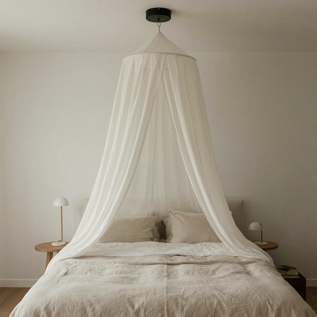 Ciel de lit adulte en lin lavé écru au-dessus d'un lit double en bois