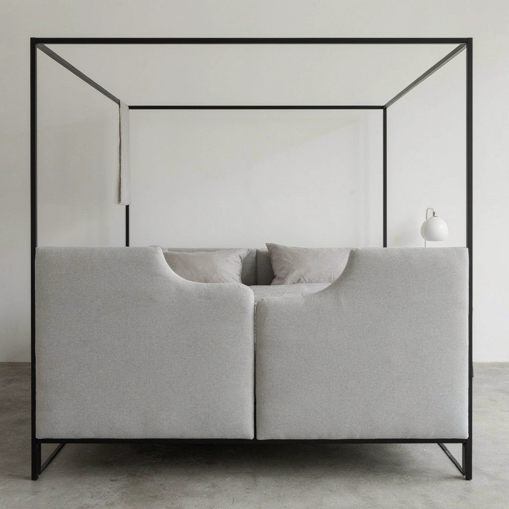 Lit à baldaquin contemporain en métal noir avec voiles gris clair