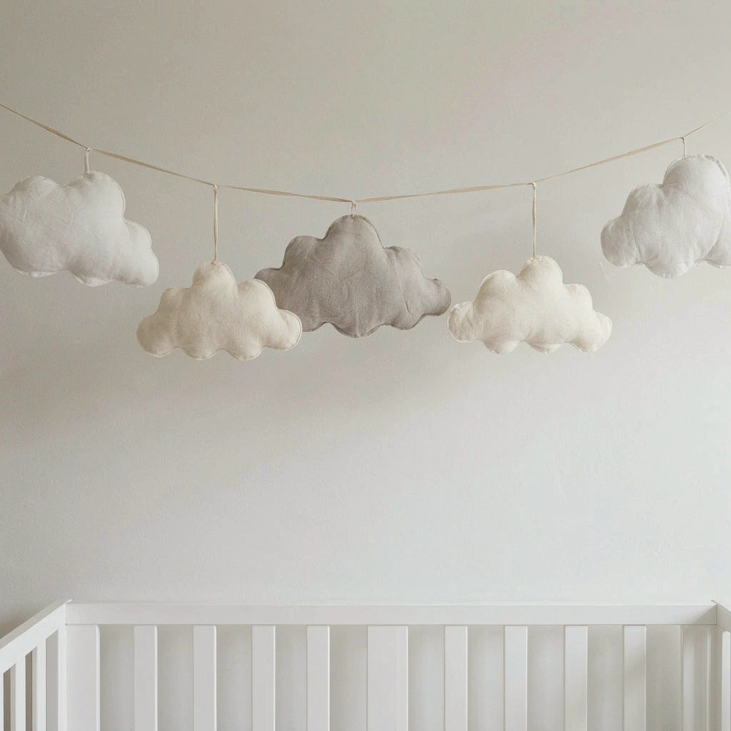 Guirlande de nuages en coton crème suspendue au-dessus d'un berceau